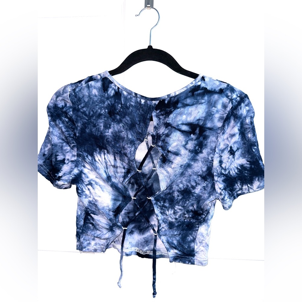 Blue tie-dyed crop shirt with cris cross strings on the back